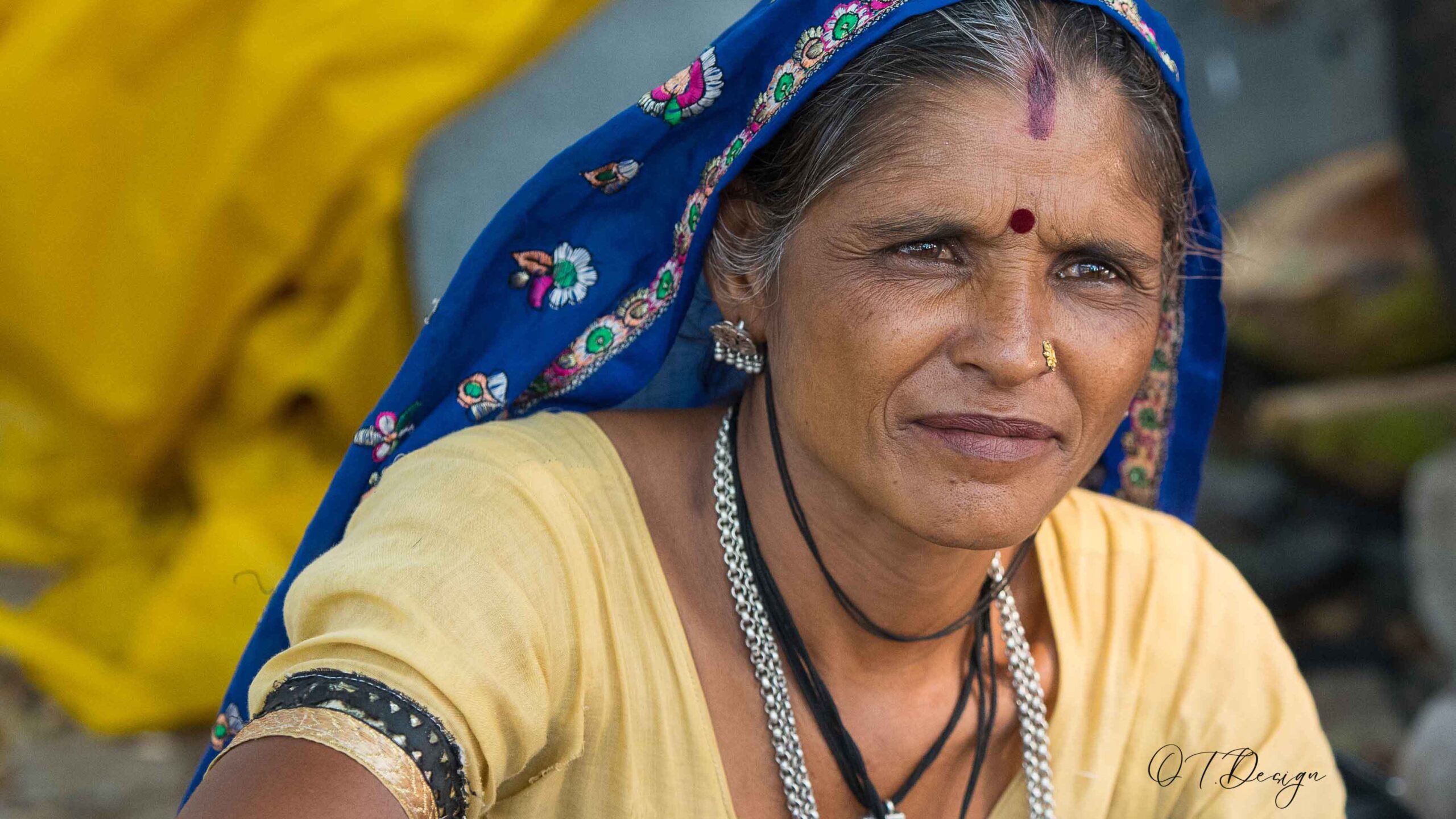 The portrait of an indian lady wearing colorful traditional clothes in Cochin, India