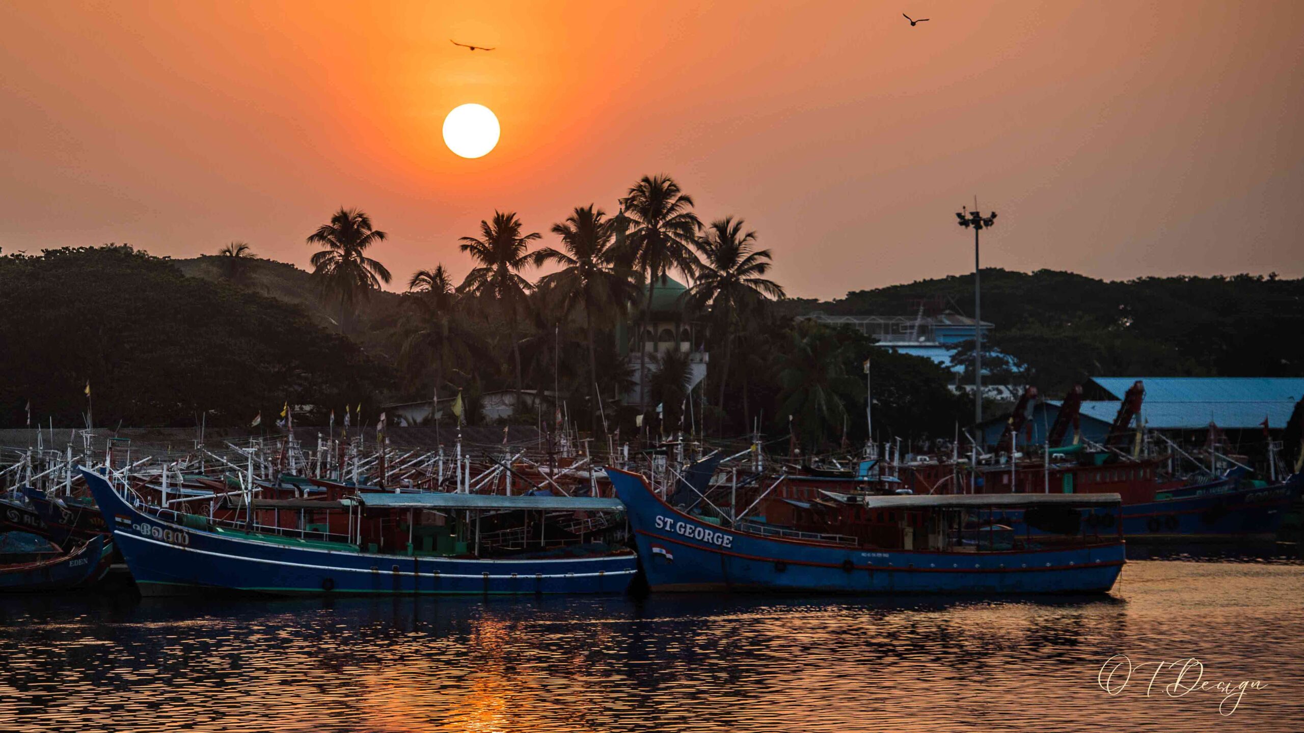 Boats in the sunset in Cochin, India