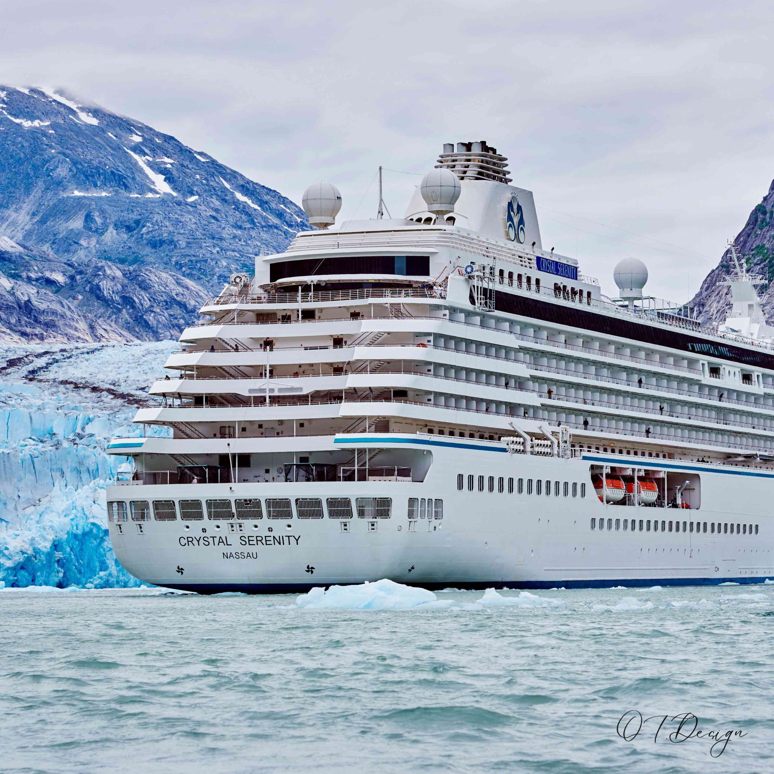 Crystal Serenity in front of the majestic ice glacier in Endicott Arm, Alaska