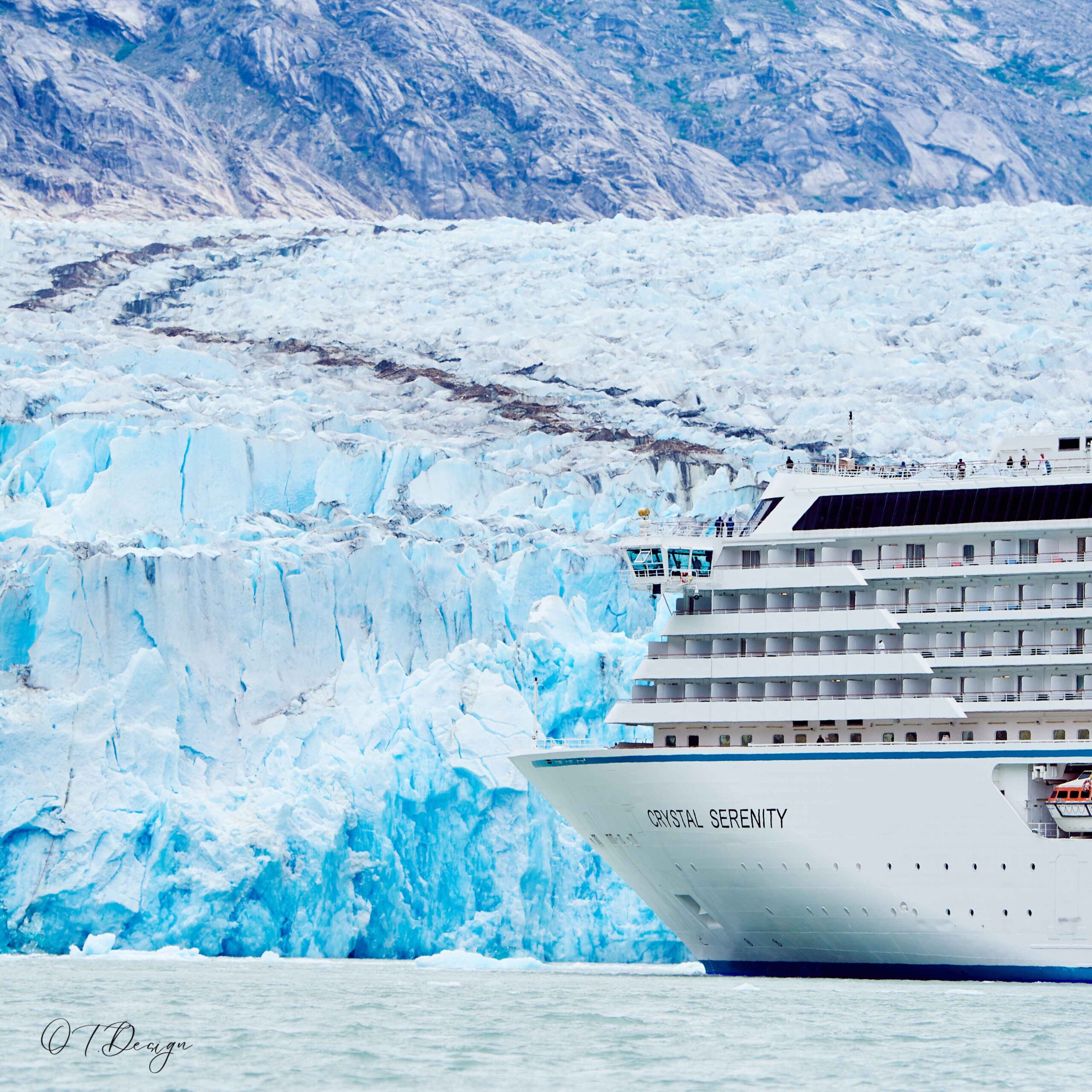 Crystal Serenity in front of the majestic ice glacier in Endicott Arm, Alaska