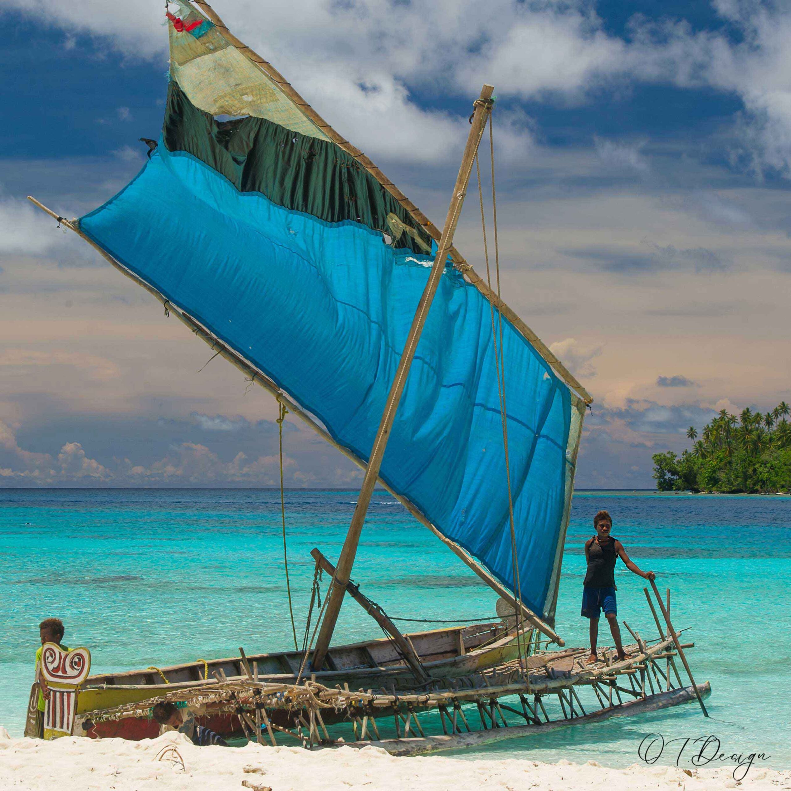 A traditional boat with two young local kids against the paradise view with tourquoise water and white sand in Kitava Island, Papua New Guinea