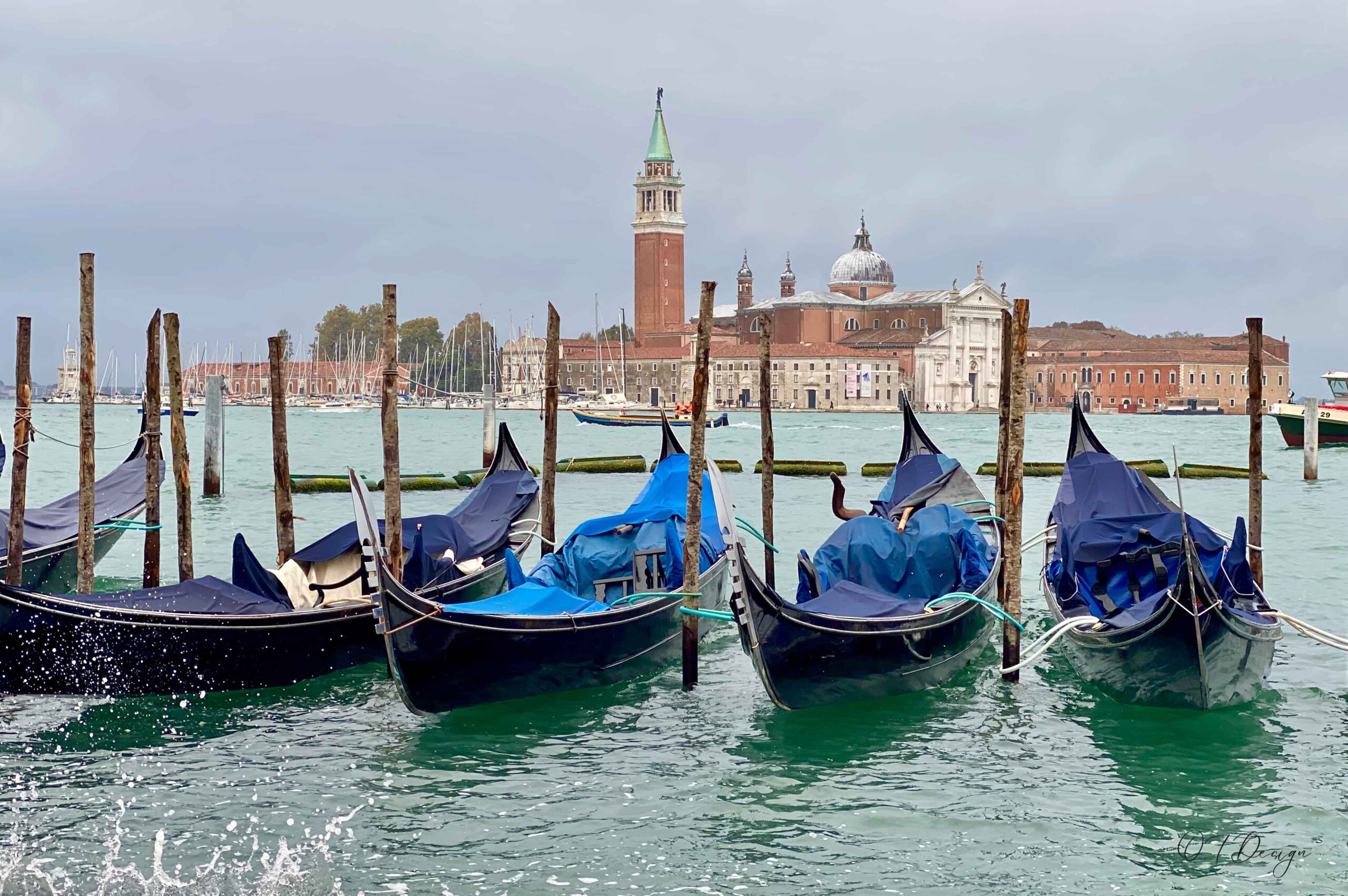 Gondolas on a rainy day in Venice, Italy