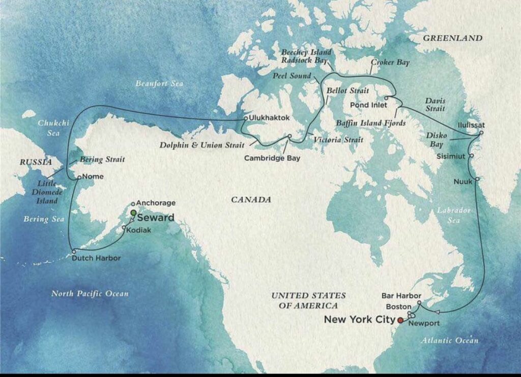 Map illustrating the Arctic journey from Anchorage to New York through the Northwest Passage, showcasing the route and key waypoints of the expedition.